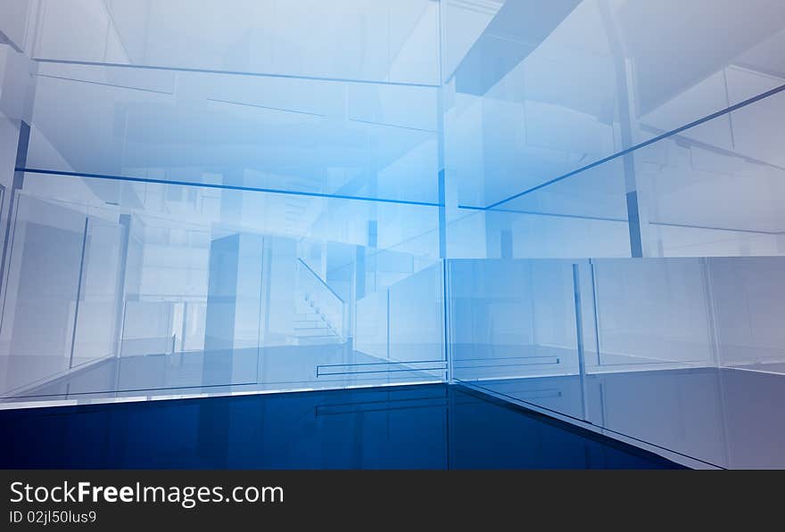 Indoor building. Office space with blue light effects