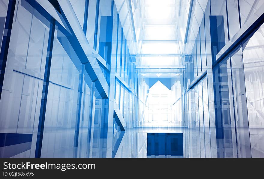 Indoor building. Office space with blue light effects