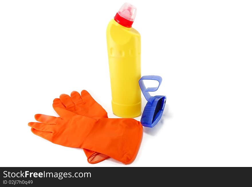 Gloves and soap for the toilet isolated on a white background. Gloves and soap for the toilet isolated on a white background