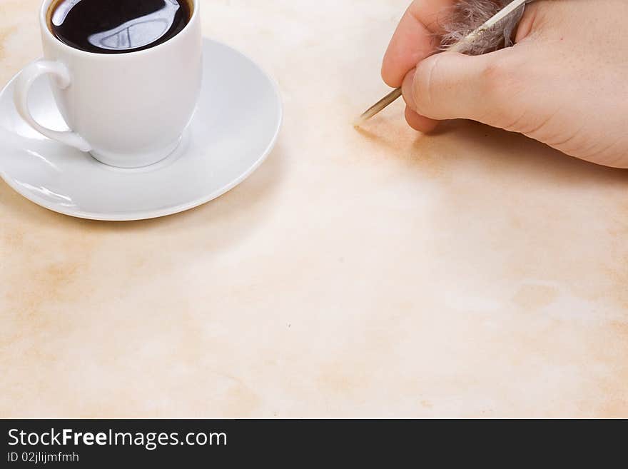 Coffee and writing hand at texture