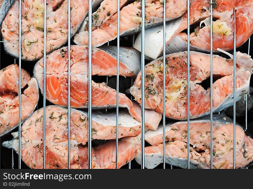 Slices of fresh salmon grilled barbecue