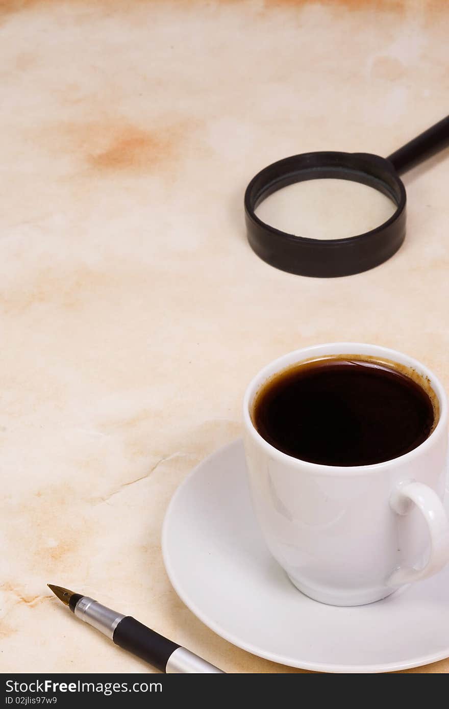 Magnifying glass and coffee at texture