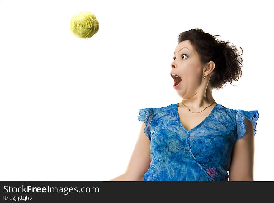 The surprised girl in blue dress over white back