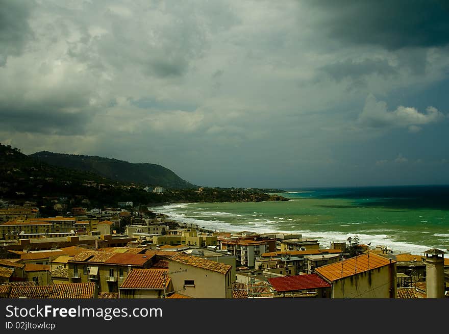 View on Cefalu town near the ocean in Sicily, Italy. View on Cefalu town near the ocean in Sicily, Italy