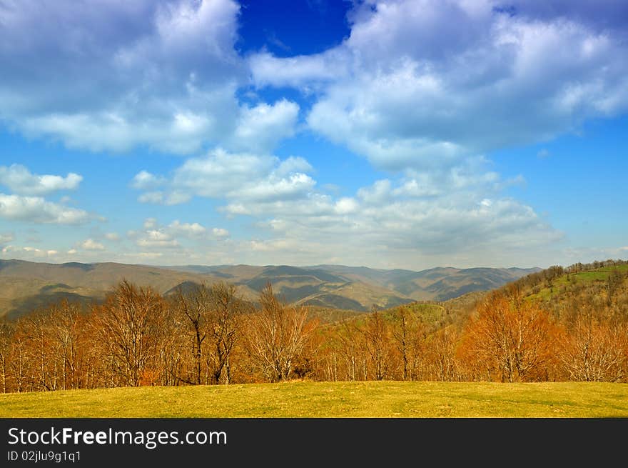 Early spring landscape with blue clody sky