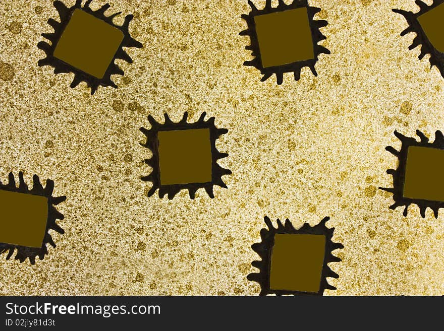 a painting of gold squares surrounded by black outlines on speckled gold paper. a painting of gold squares surrounded by black outlines on speckled gold paper