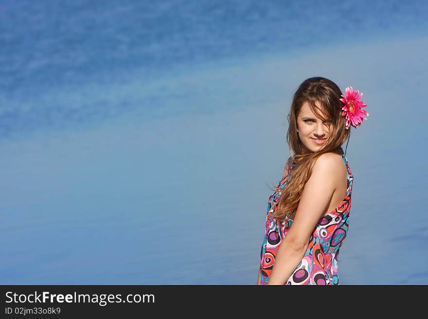 Young Girl On Sea Background