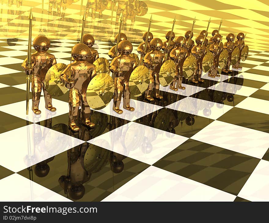 Brown soldiers with swords on the chess-board. Brown soldiers with swords on the chess-board.