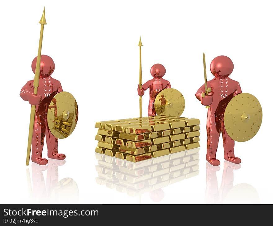 Red soldiers with gold stack on white reflective background. Red soldiers with gold stack on white reflective background.