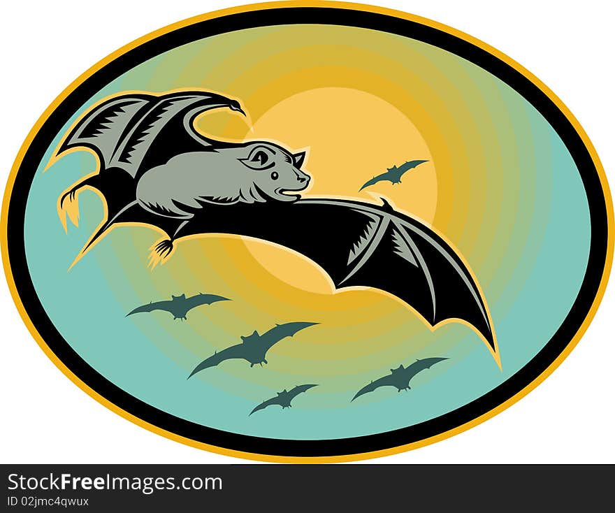 illustration of Bat flying with moon in background