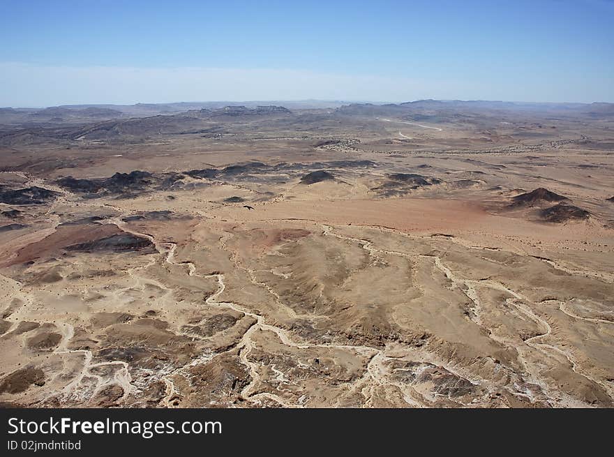 Aerial view of Ramon Crater from Ardon mountain in Negev desert, Israel.