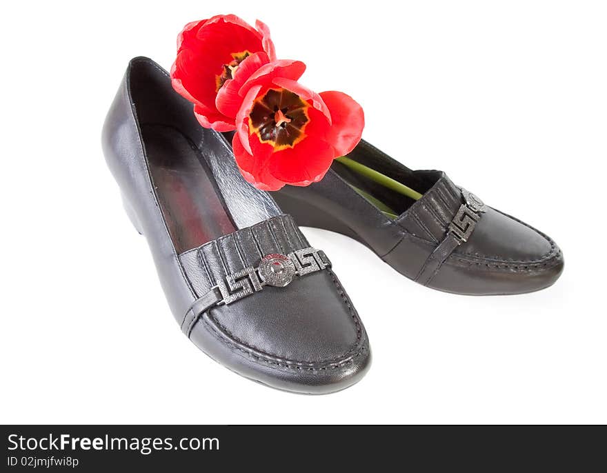 Women's Black shoes and tulips. Black and red