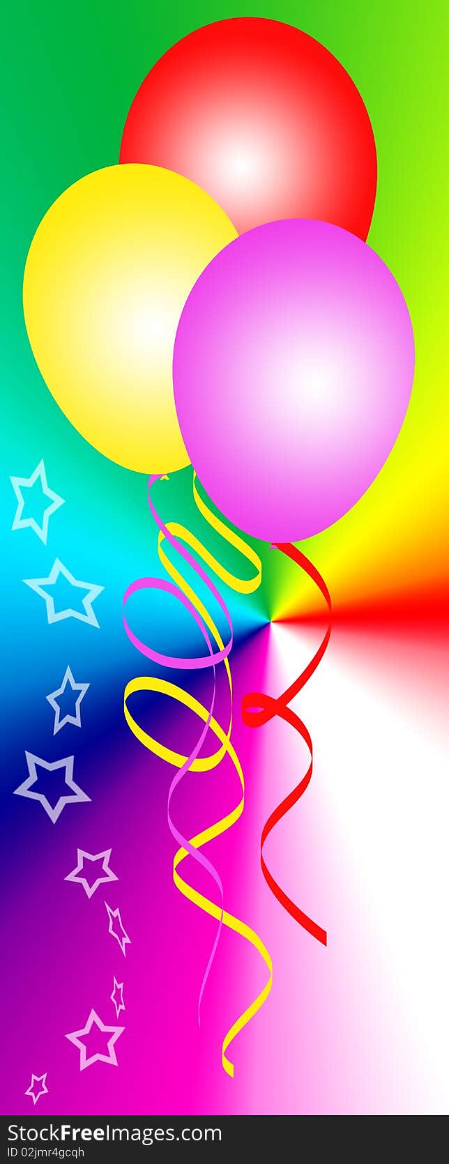 Coloured balloons in the rainbow background with ribbons and stars