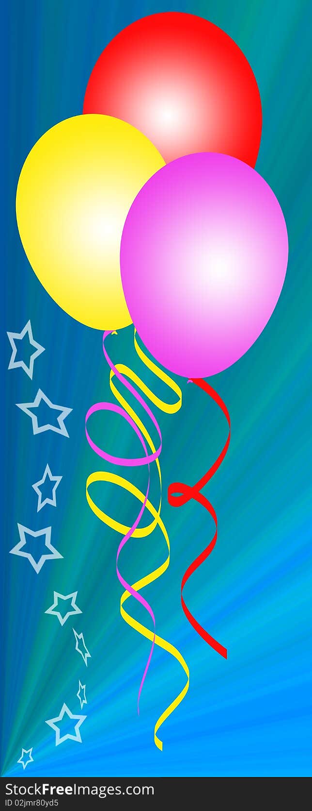 Coloured balloons in a blue background with stars and ribbons