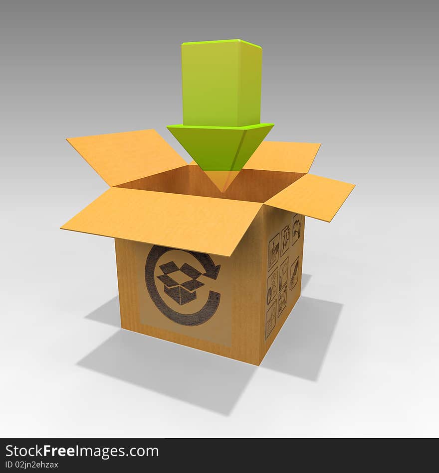 A green arrow going into a carton. A green arrow going into a carton