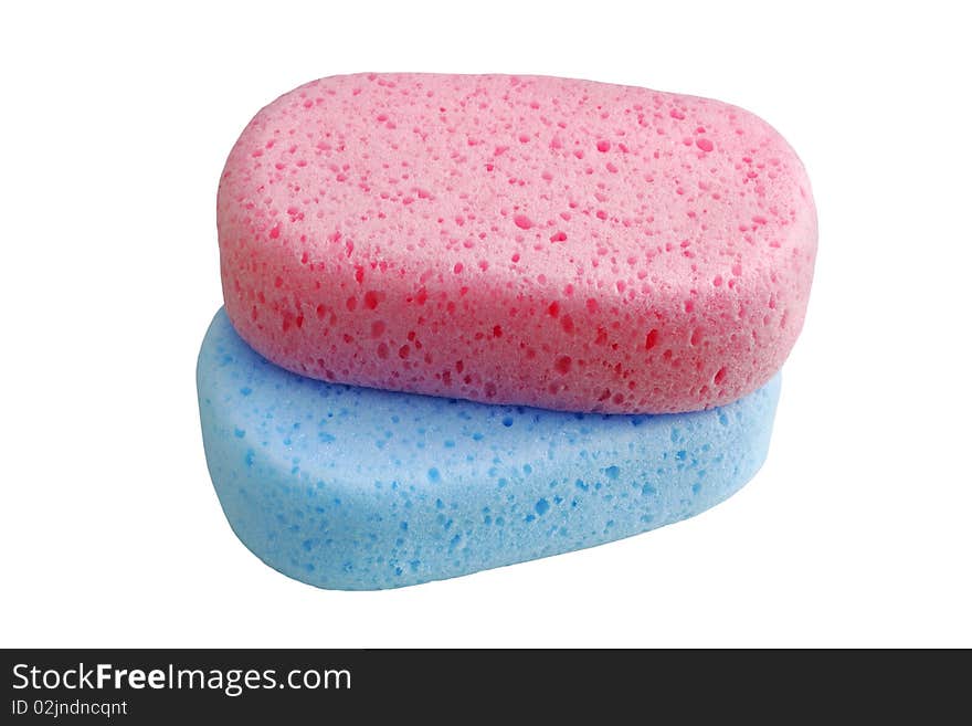 Cut out of two bath sponges, pink and blue