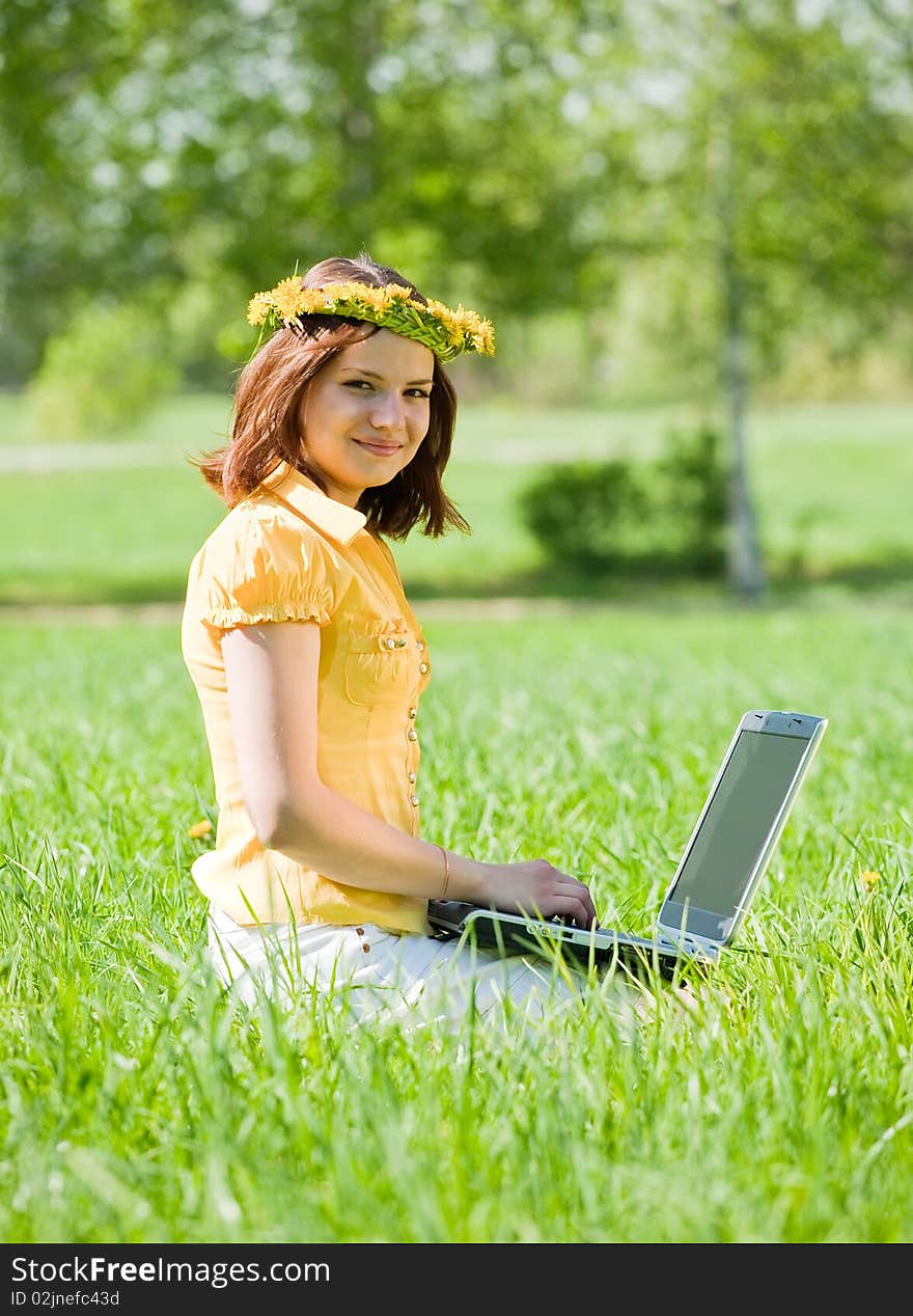 Girl With Laptop Outdoor