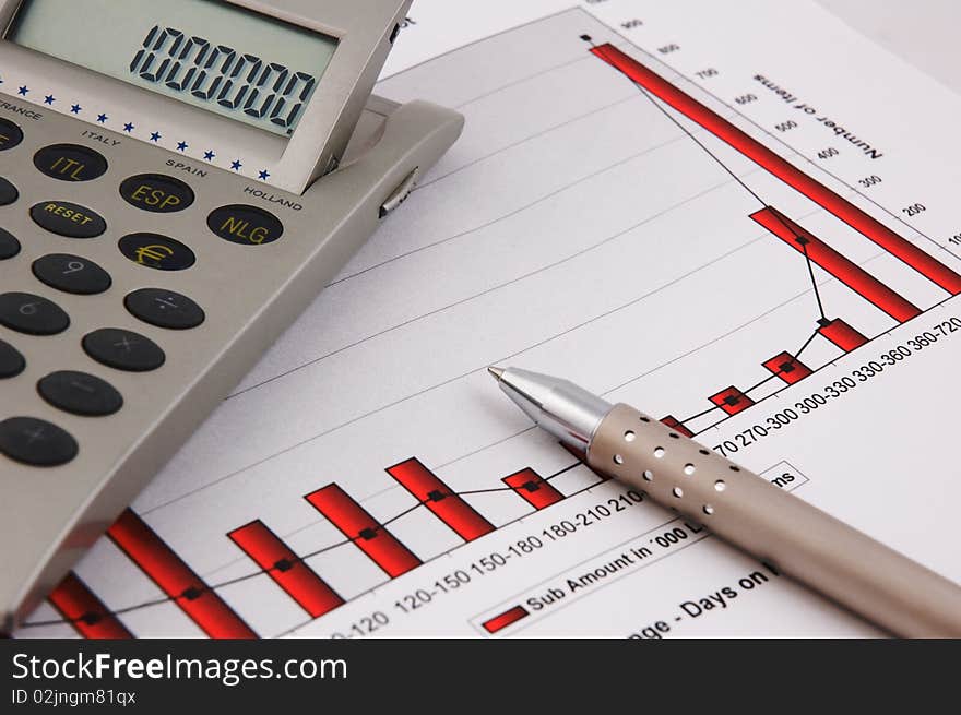 Calculator, pen and Business Chart