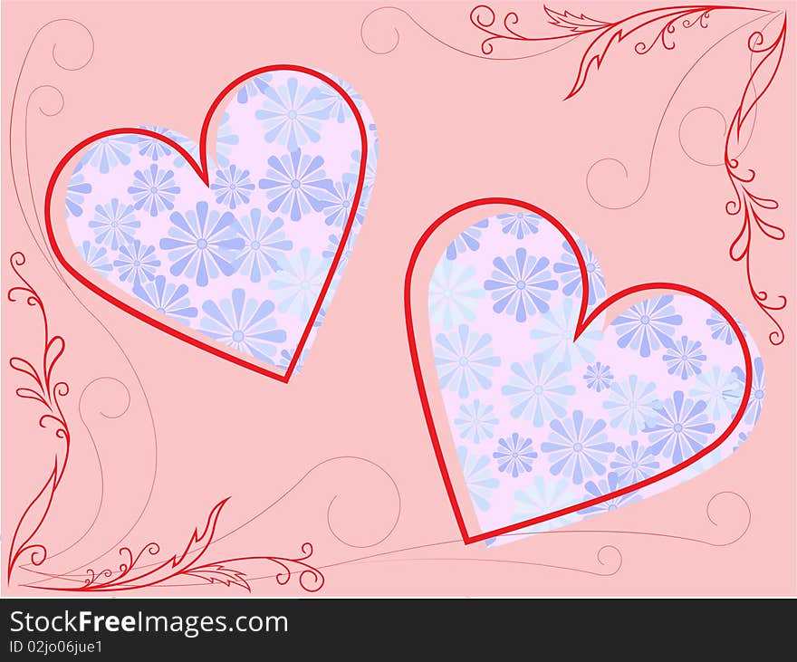 Two hearts in a pink floral ornament frame. Two hearts in a pink floral ornament frame