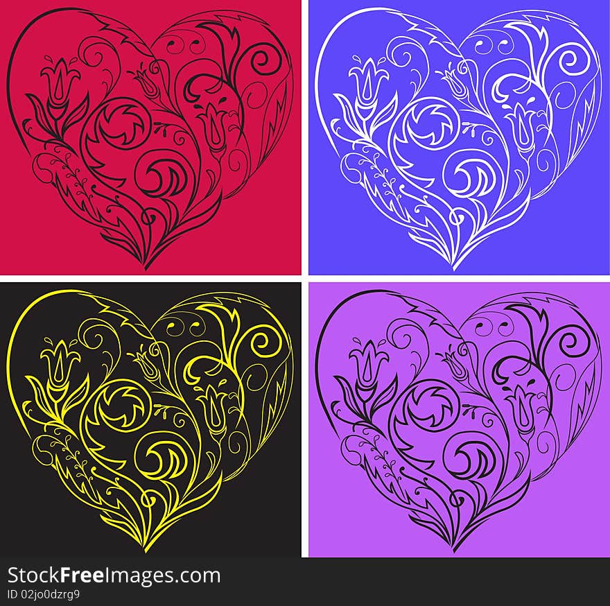 A set of multi-colored filigree hearts on colorful backgrounds. A set of multi-colored filigree hearts on colorful backgrounds