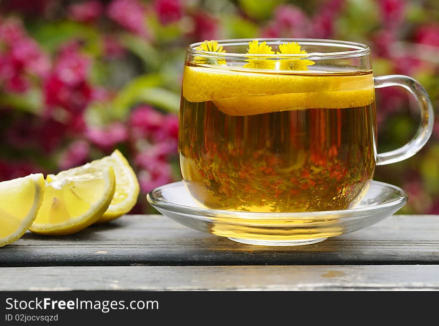 Herbal tea with lemon in the garden