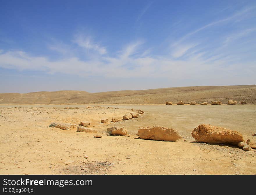 View on dry desert with yellow sand and rocks in Israel