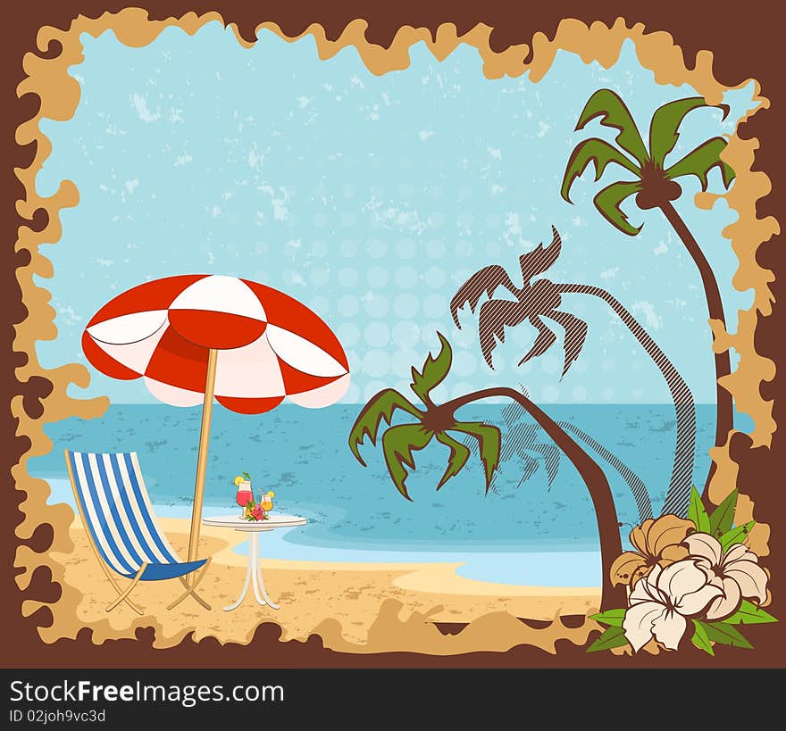 Beautiful summer beach.  illustration in retro style