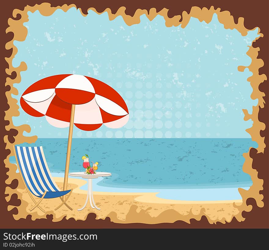 Beautiful summer beach. illustration in retro style