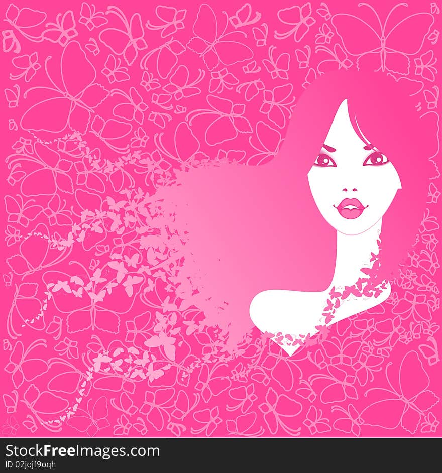 Beautiful young girl with butterflies in hairs. Beautiful vector illustration.