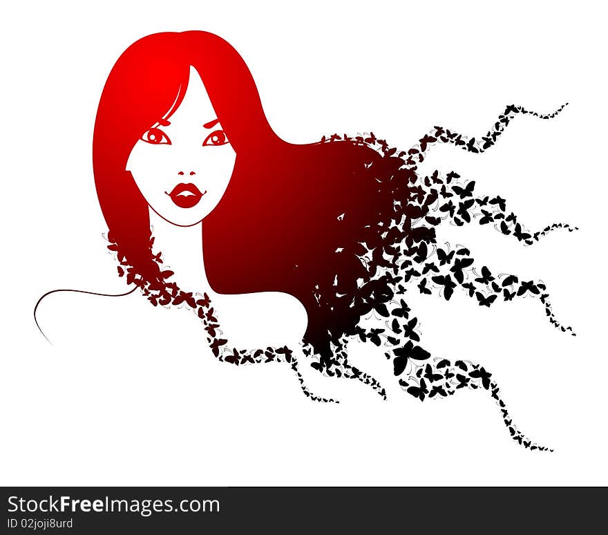 Beautiful young girl with butterflies in hairs. Beautiful illustration.