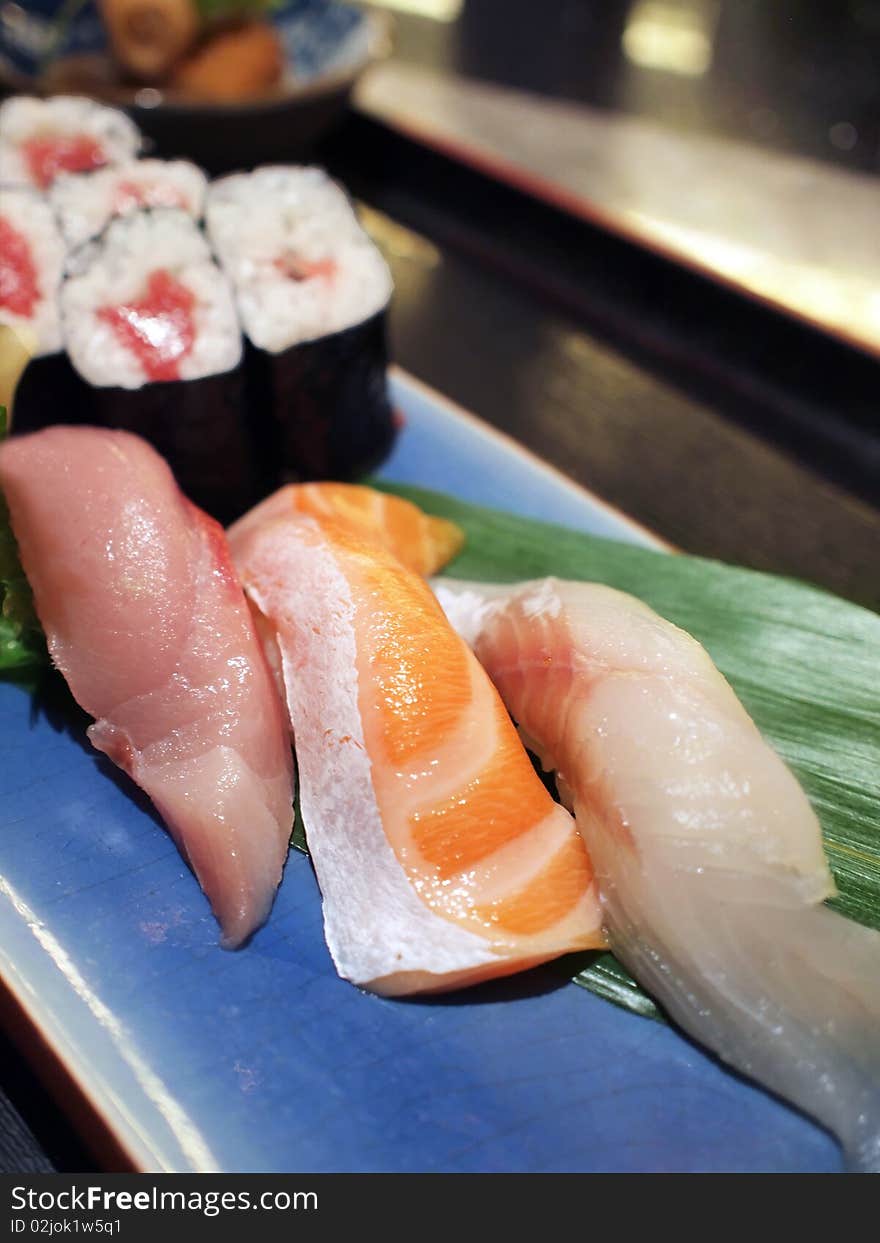 Assorted japanese sushi (raw fish and rice) platter. Assorted japanese sushi (raw fish and rice) platter