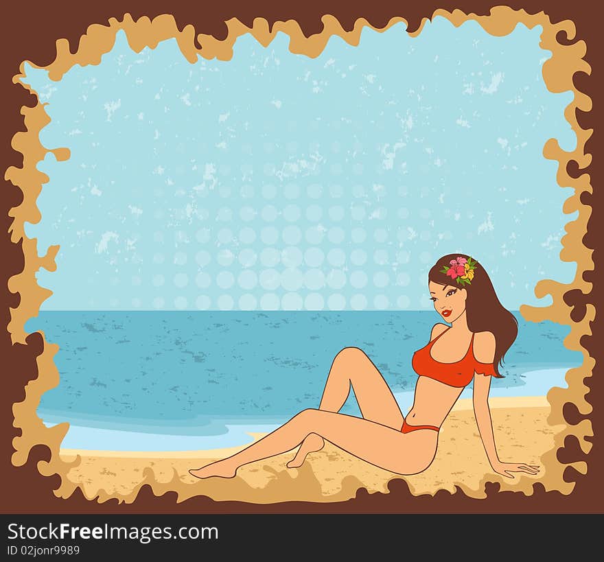 Beautiful girl on a summer beach  illustration in retro style