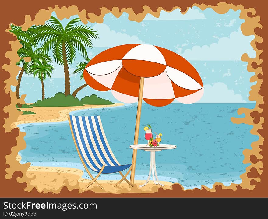 Beautiful summer beach.  illustration in retro style