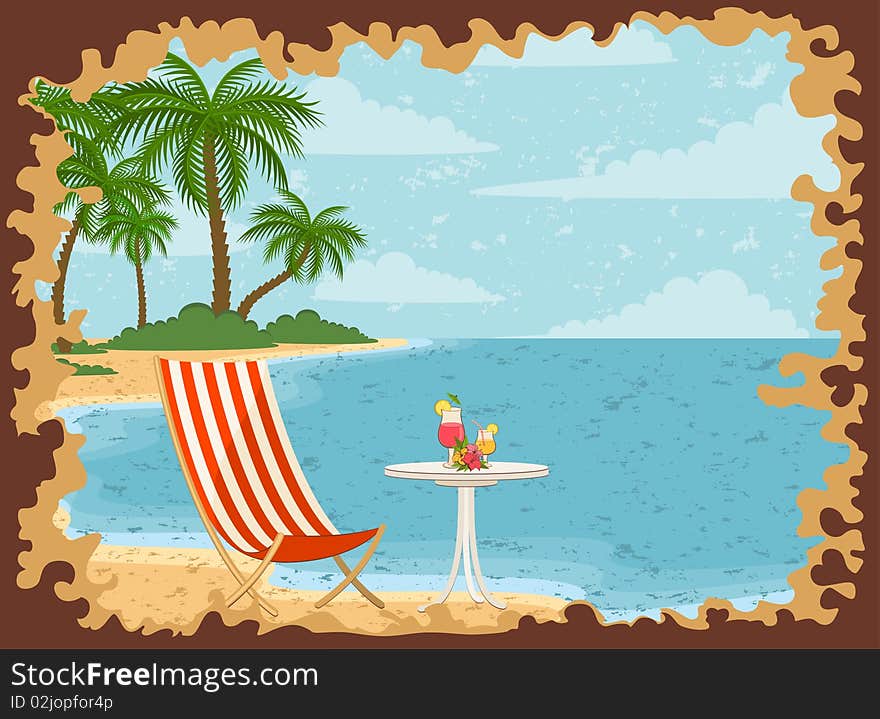 Beautiful summer beach.  illustration in retro style