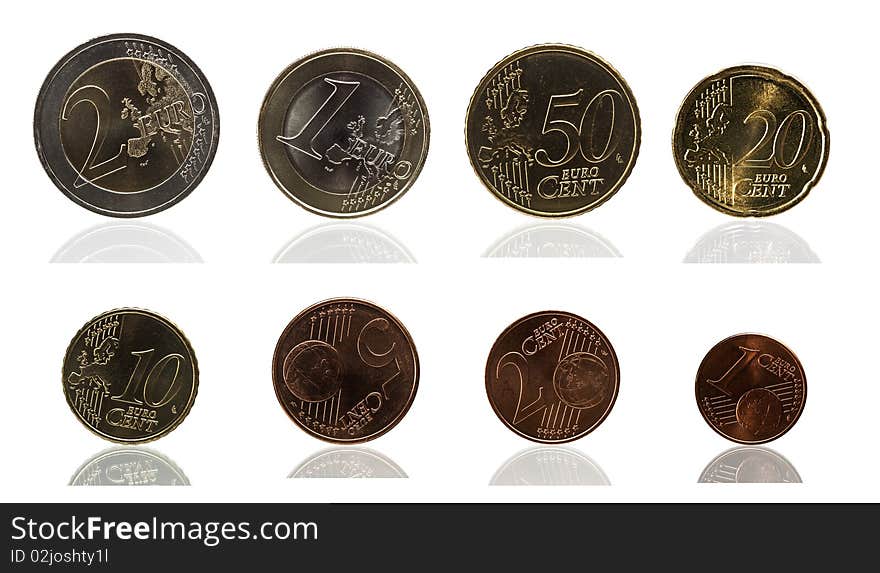 Macro photo of original euro and eurocent coins with some scratches and traces of usage.
Isolated on white background, real partial reflection, no digitally manipulation. Macro photo of original euro and eurocent coins with some scratches and traces of usage.
Isolated on white background, real partial reflection, no digitally manipulation.