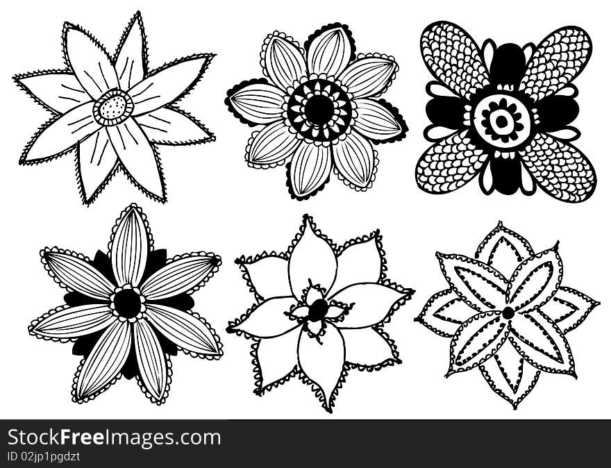 Set of doodle hand drawn flowers. Set of doodle hand drawn flowers