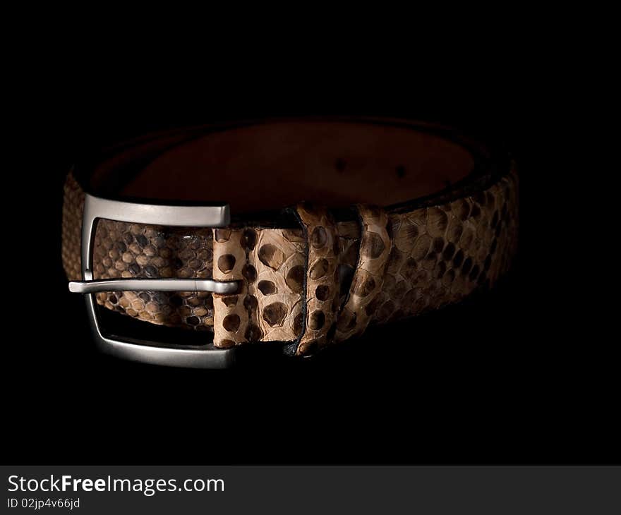 Low key image of a snake leather belt with black background. Low key image of a snake leather belt with black background.