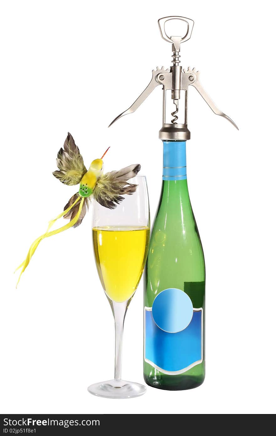 Wine bottle, corkscrew and glass on a white background