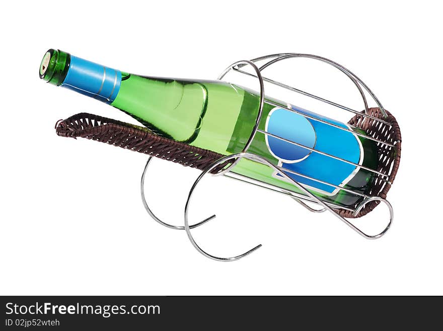 Wine bottle in a special support on a white background