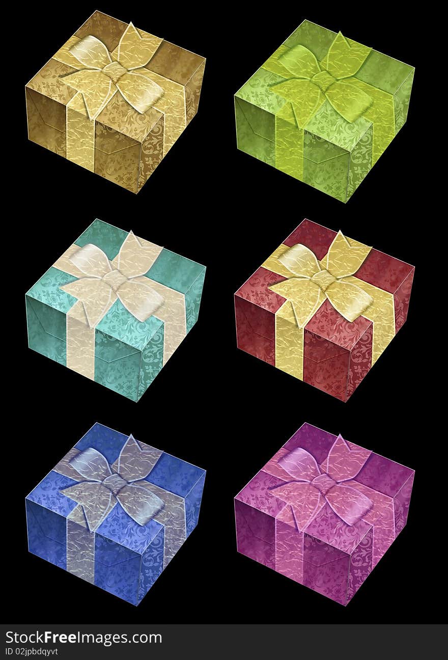 Set of 6 gift boxes in various colours isolated on black background in vector format. Set of 6 gift boxes in various colours isolated on black background in vector format