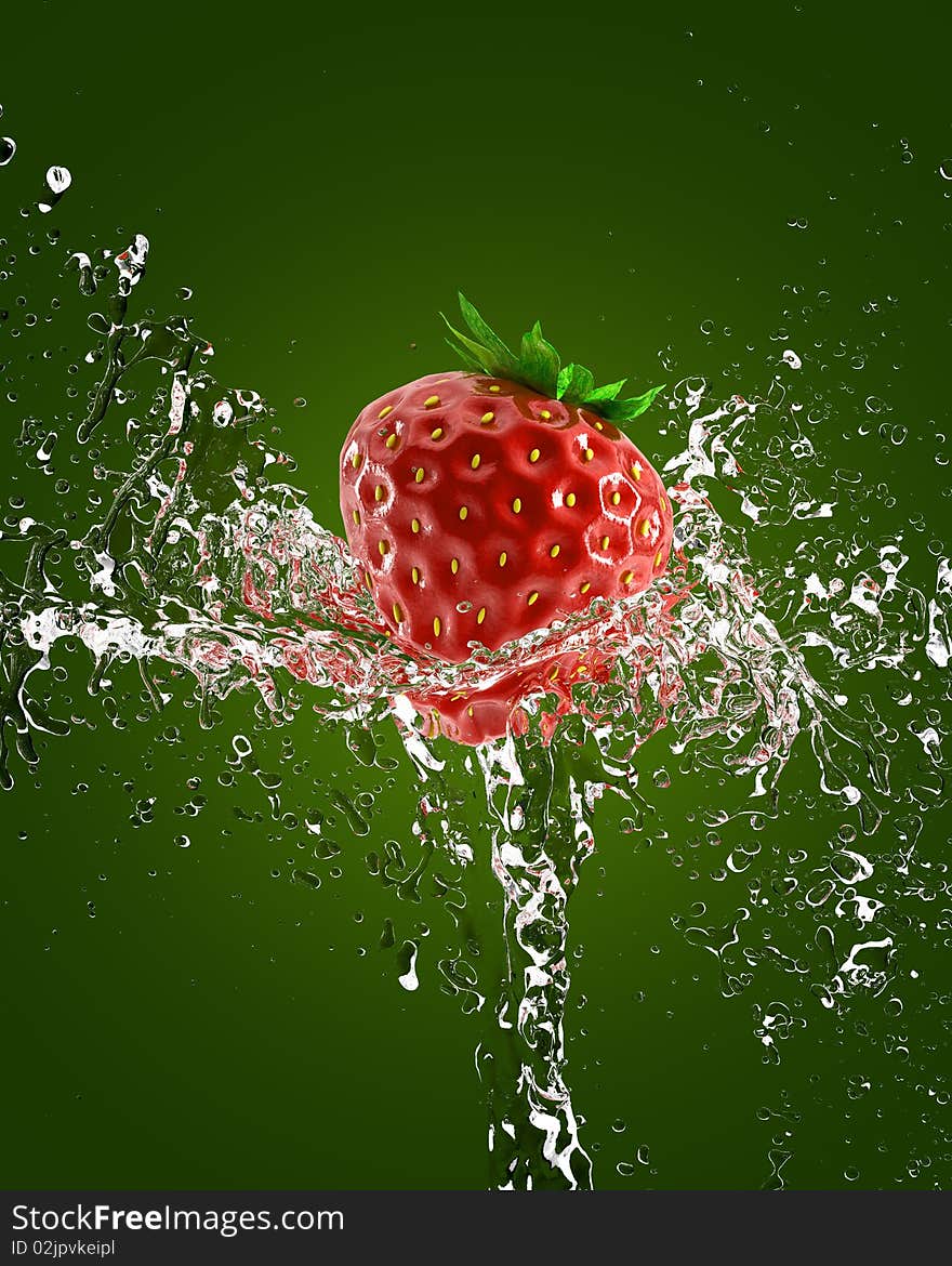 Fresh strawberries in a spray of water