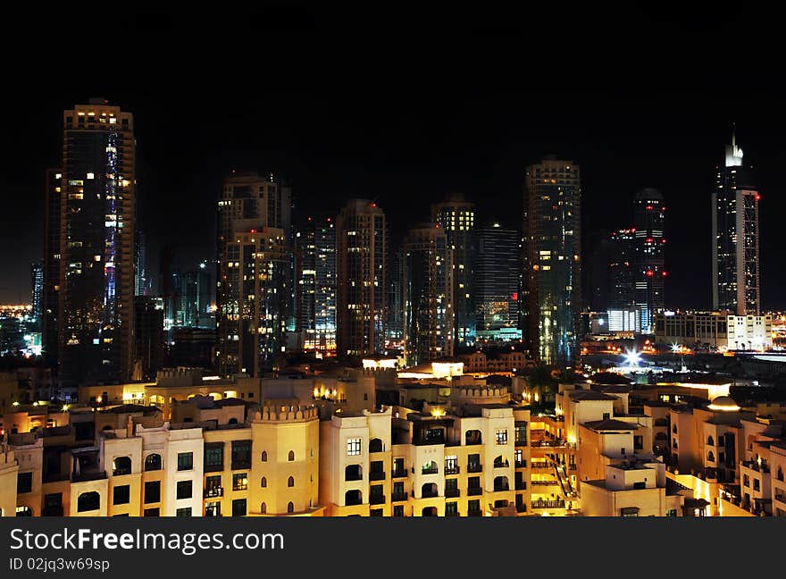 Panoramic shot of Dubai downtown at night. Panoramic shot of Dubai downtown at night