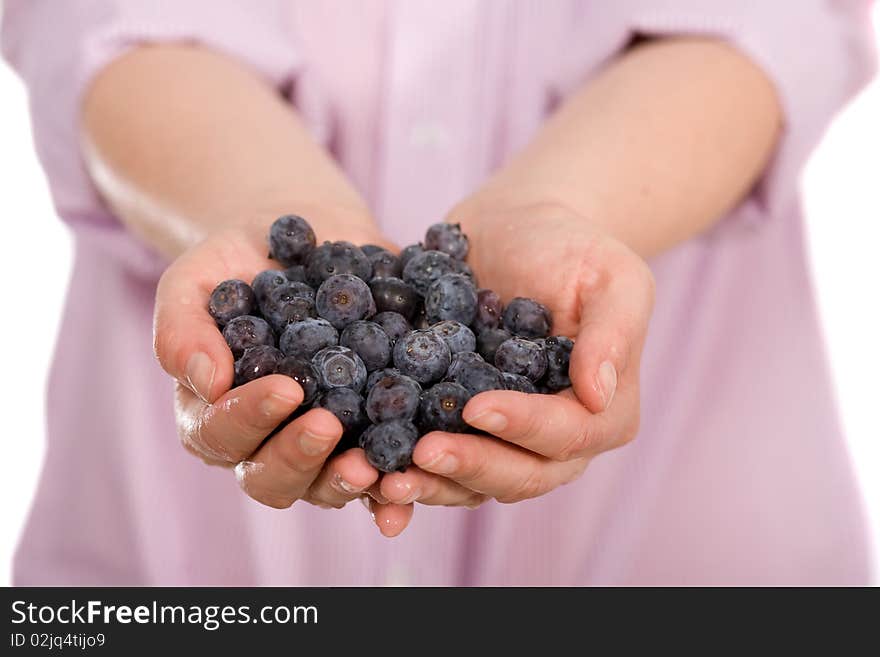 Young female hands full of blueberries, all isolated on white background