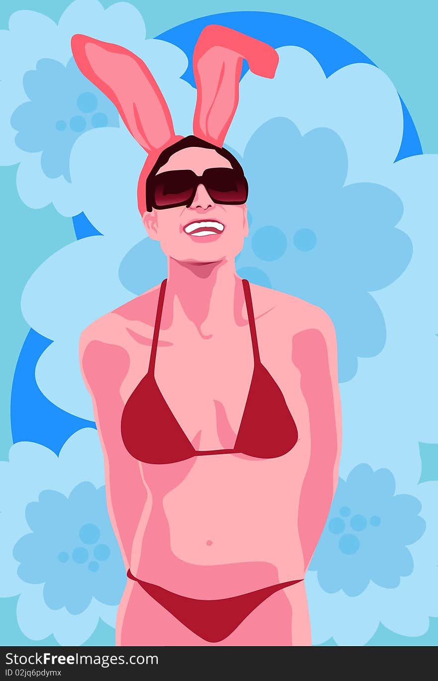 An image of a young woman wearing a red colored bikini, sunglasses and a bandeau that has bunny ears sticking from it. An image of a young woman wearing a red colored bikini, sunglasses and a bandeau that has bunny ears sticking from it