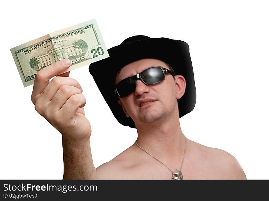 Photo of a man with $20 in one hand