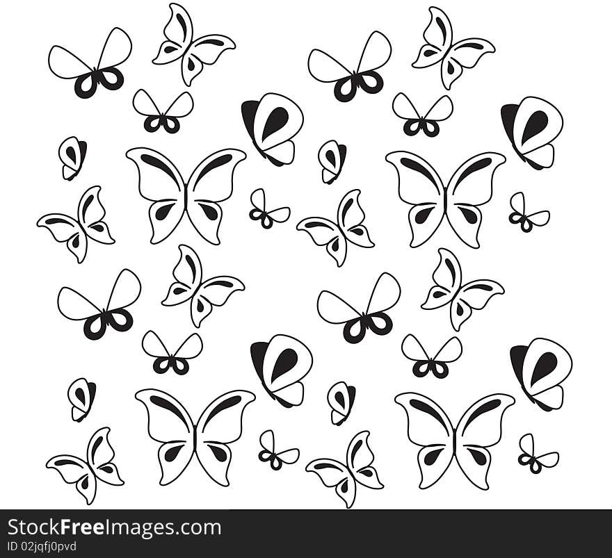 the white image of background is black consisting of great number of insects of butterflies