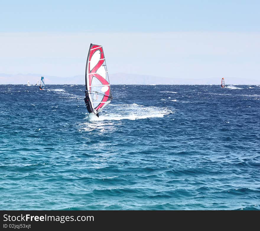 Windsurfers riding on a blue sea. Windsurfers riding on a blue sea