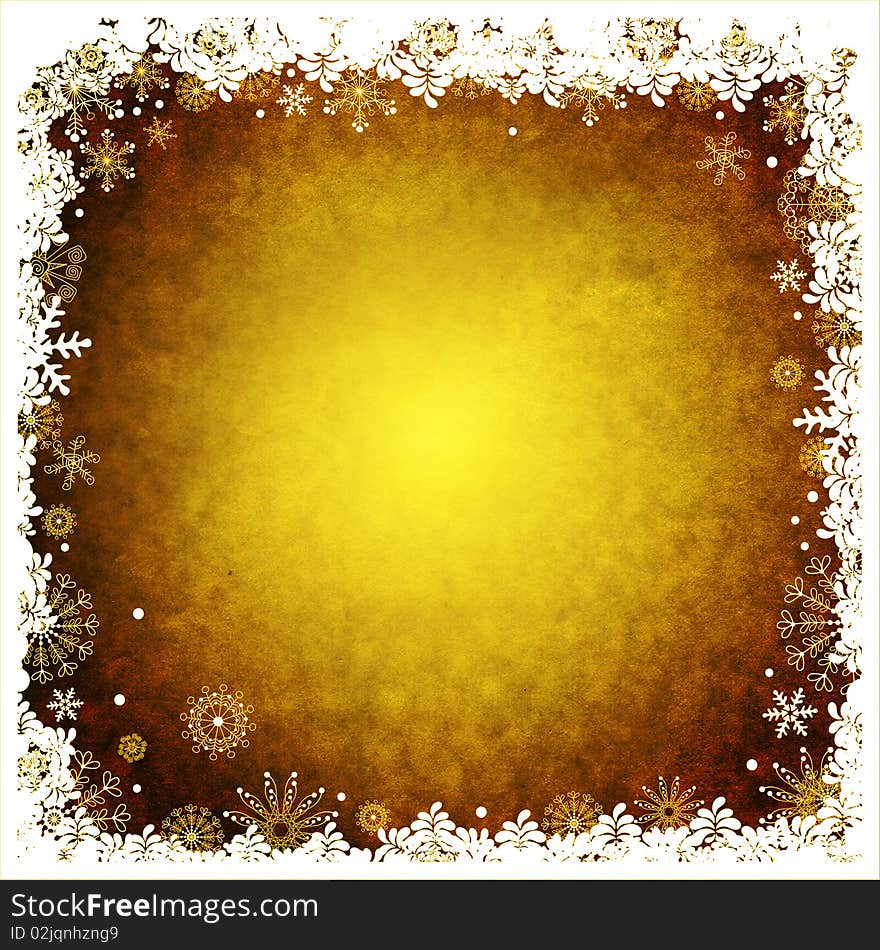 Old yellow paper with white and golden snowflakes. Old yellow paper with white and golden snowflakes