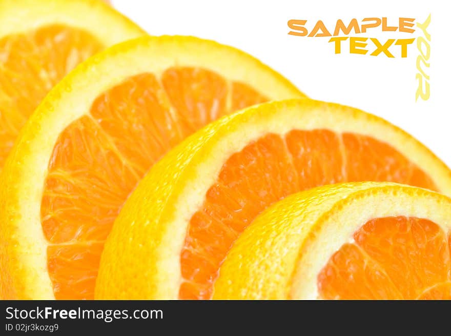 Close-up ripe slice orange on white background