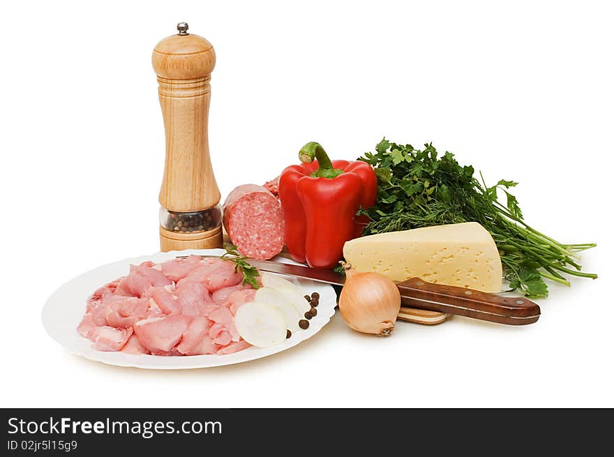 Fresh meat and different components isolated over white